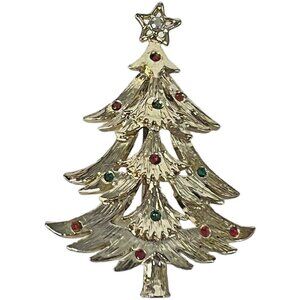 Vintage Signed Tancer II Christmas Tree Brooch Pin Gold Tone Costume Jewelry